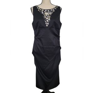 Black Satin Jeweled Cocktail Dress  - Size 16